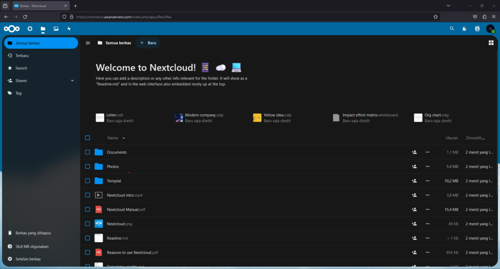 Tampilan Awal Nextcloud  - www.awanservers.com