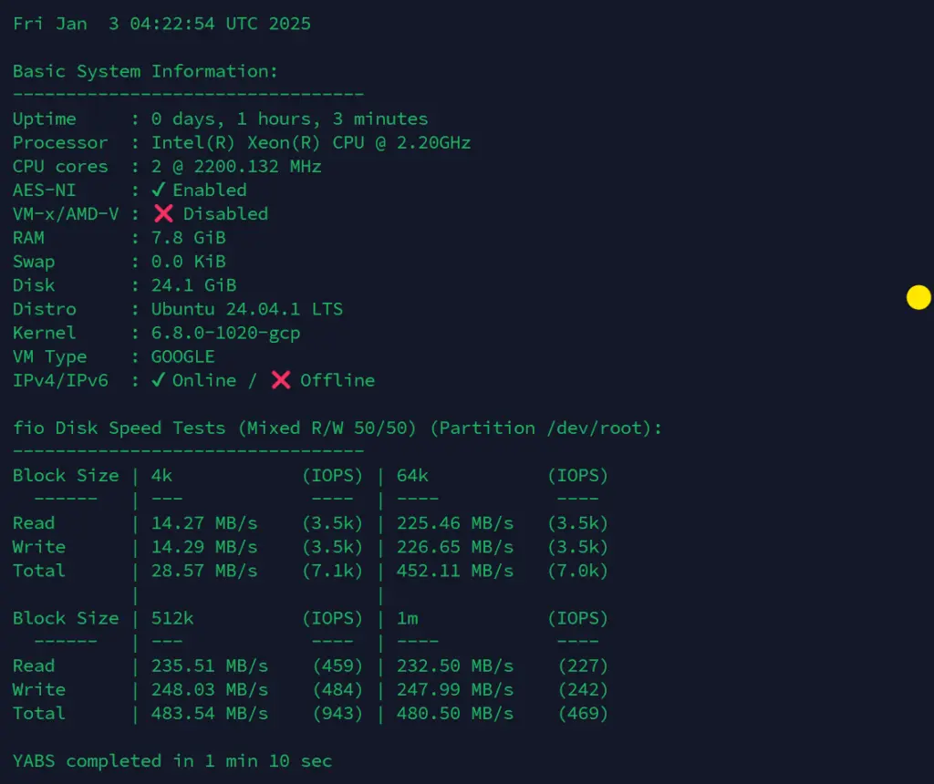 Yabs.sh FIO IOPS Google Cloud