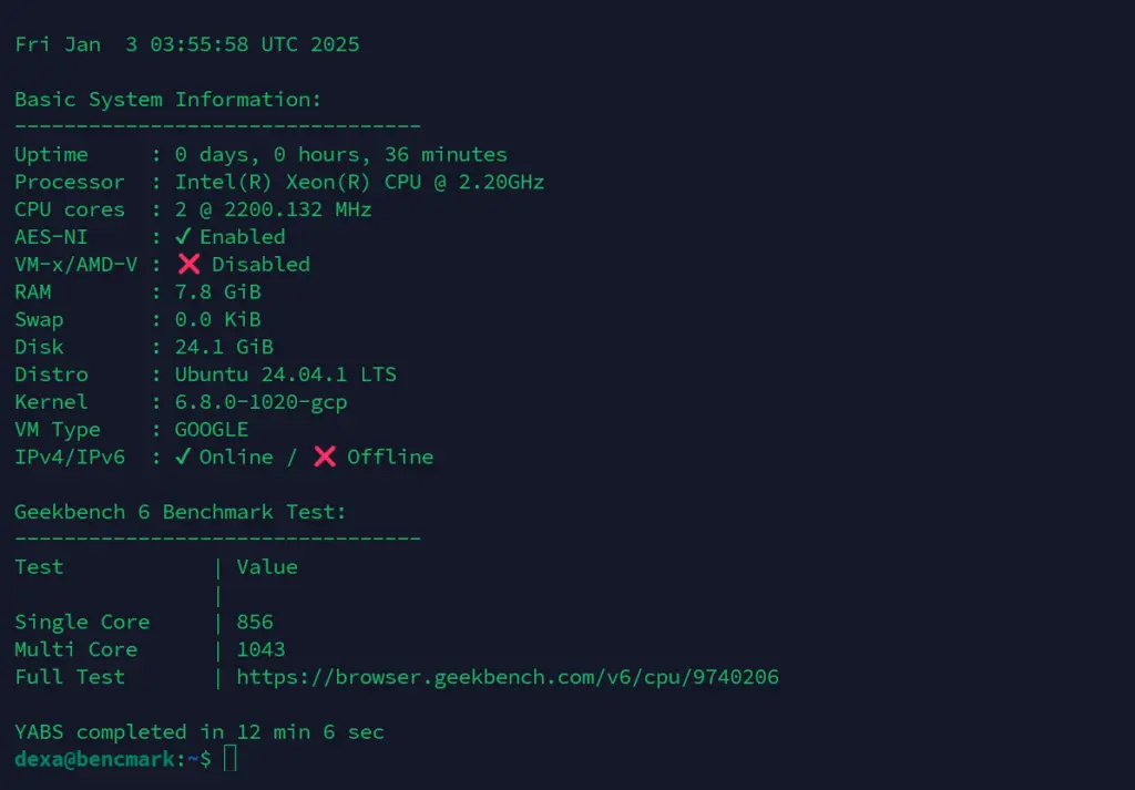 Yabs.sh Geekbench 6 Google Cloud